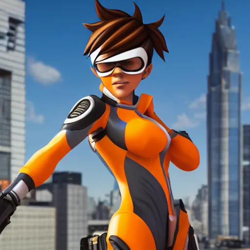 Image similar to tracer, standing on rooftop, 4 k, detailed, smiling at camera, confident stance