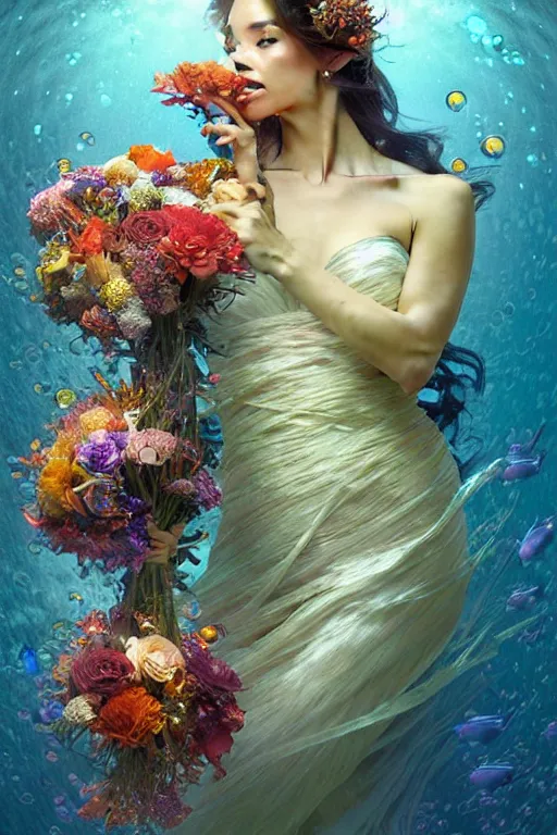 Image similar to portrait of a beautiful mysterious woman holding a bouquet of flowing flowers, small bubbles from her mouth, hands hidden under the bouquet, submerged underwater filled with colorful small fish and coral reef, fantasy, regal, intricate, by stanley artgerm lau, greg rutkowski, thomas kindkade, alphonse mucha, loish, norman rockwell