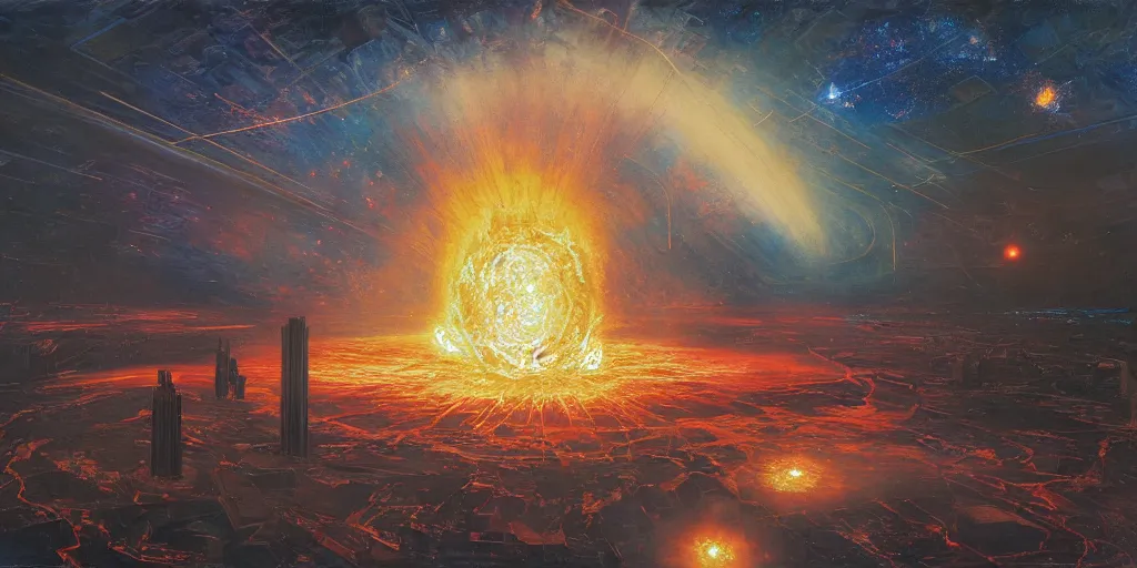 Image similar to supernova explosion, neo brutalism space station, golden hour, stars, painted by steve mccurry, ruan jia, raymond swanland, lawrence alma tadema, zdzislaw beksinski, norman rockwell, jack kirby, tom lovell, alex malveda, greg staples, 8 k, highly detailed