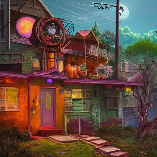 Prompt: 5 0 s tract home suburb on ancient post - apocalyptic planet, jim henson creature shop, vivid and colorful, thomas kincaid, cinematic, oil painting, highly detailed, illustration