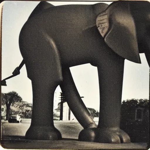 Prompt: old polaroid from 1 9 5 2 depicting an intricate mechanical elephant, on a military base, sunny day