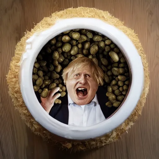 Image similar to boris johnson baked into a bowl of beans