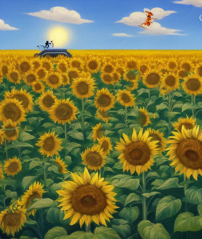 Prompt: a highly detailed painting of a sunflower field and an ufo abducting a cow, very fine brush strokes, baby blue sky with aesthetic clouds, in the style of edward hopper, 4 k,