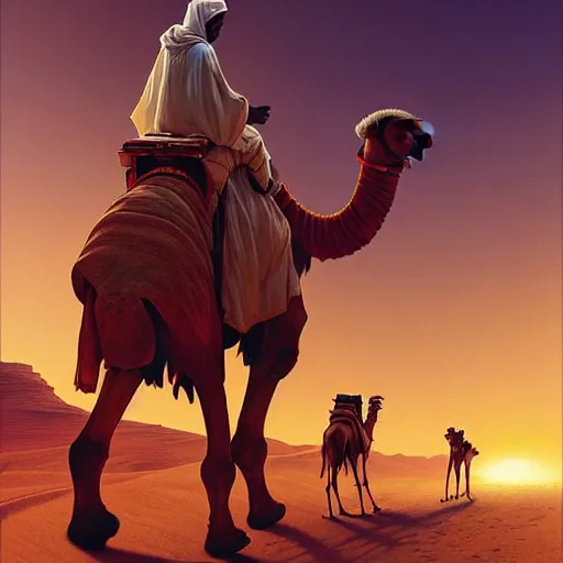 Image similar to an african moor wearing white robes riding a robot camel through the valley of the kings, by greg rutkowski and android jones, oil on canvas, 8k, synthwave sunset