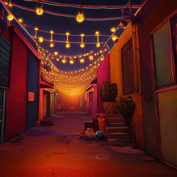 Prompt: Downtown Mexico alley, string lights, colorful lighting, night, realism, rule of thirds photo, intricate abstract, ((gta 5 screenshot house)), by Tooth Wu, by Greg Rutkowski, studio Ghibli