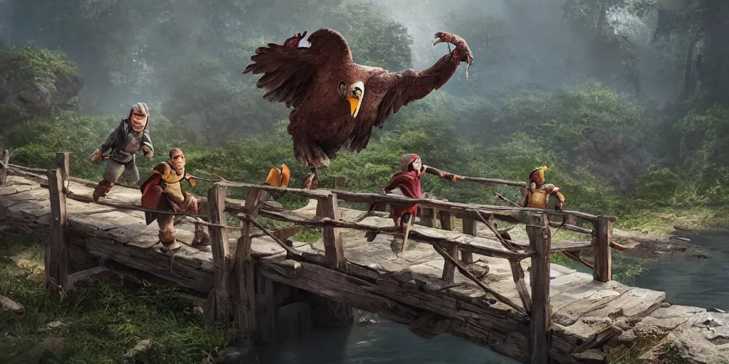 Image similar to two peasant heroes flee across a rickety wooden bridge from a giant eagle who swoops down in pursuit with talons extended. Pixar and Disney animation, sharp, Rendered in Unreal Engine 5, new video game concept art, redshift, dramatic lighting