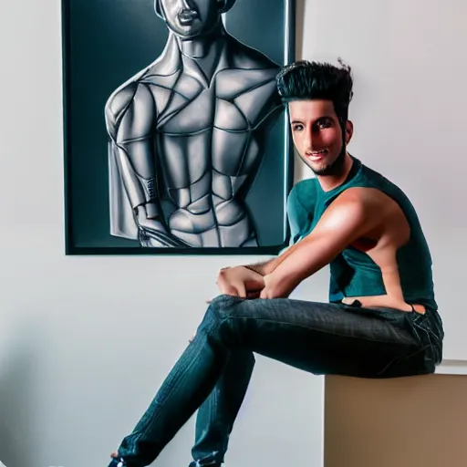 Prompt: a realistic detailed photo of a guy who is an attractive humanoid who is half robot and half humanoid, who is a male android, singer sebastian yatra, shiny skin, posing like a statue, blank stare, in a living room, on display, showing off his muscles