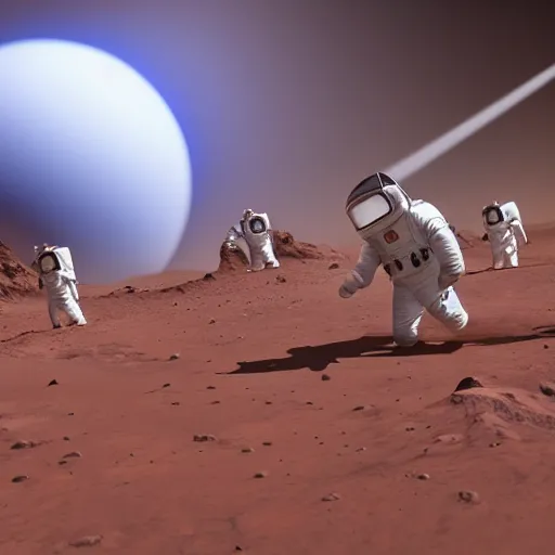 Image similar to 👩🚀 astronauts playing tug of war on mars. photorealistic unreal engine highly detailed.