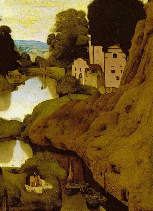 Image similar to water being in the river, medieval painting by Jan van Eyck, Johannes Vermeer