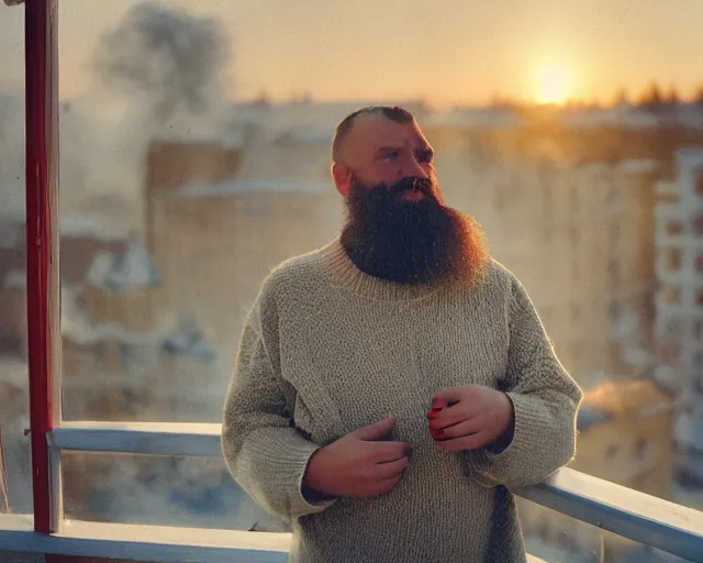 Image similar to lomo photo of 4 0 years russian man with beard and sweater standing on small hrushevka balcony full with cigarette smoke in small russian town looking at sunset, cinestill, bokeh