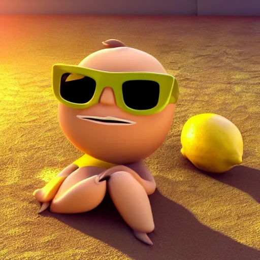 Prompt: 3 d render, chibi lemon character with an accomplished look on his face, he is wearing green sunglasses relaxing on the beach at sunset