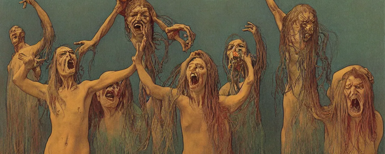 Prompt: vintage color footage exaggerated somber exorcism scared bluegrass band wide open mouths in terror crying figures inside mental hospital portrait by zdzisław beksinski and gustave dore and alphonse mucha, artstationhq iamag