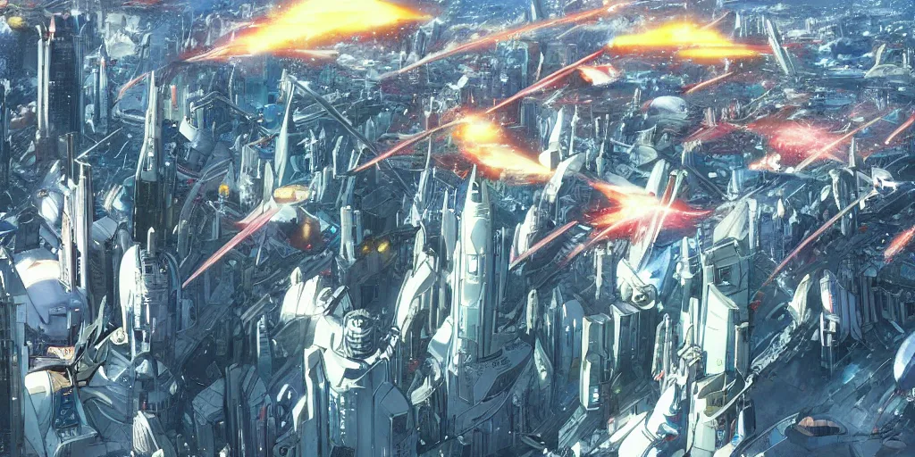 Prompt: sci - fi city getting attacked by spaceships, explosions, protection shield, aerial view, art by makoto shinkai and alan bean, yukito kishiro