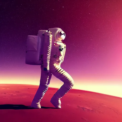 Image similar to A wide angle shot from below of a female astronaut with a feminine body walking with swagger towards camera on mars in an infinite universe , synthwave digital art