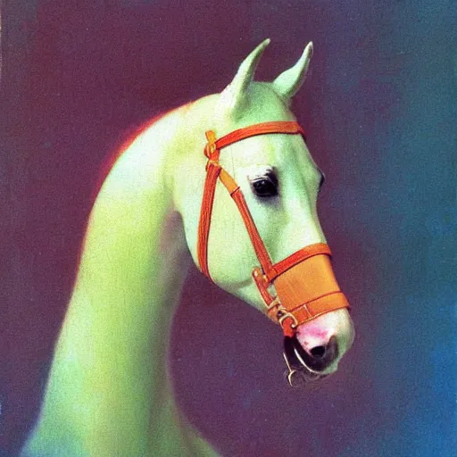 Prompt: painting of a glorious horse head, editorial fashion photography, pastel color palette, by łempicka