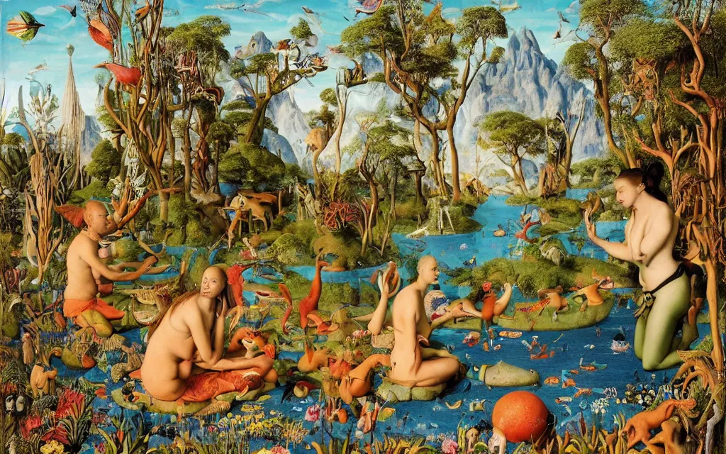Prompt: a portrait photograph of a meditating mermaid shaman and a zebra centaur monk feeding parrots at a wide river delta. surrounded by bulbous flowers, animals and trees. mountain range under a vast blue sky of burning stars. painted by jan van eyck, max ernst, ernst haeckel, ernst fuchs and artgerm, cgsociety, artstation