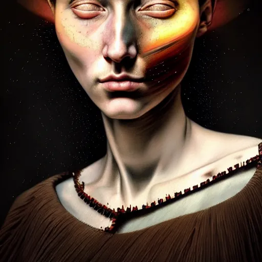 Image similar to Colour Caravaggio style Photography of Beautiful woman with highly detailed 1000 years old face wearing higly detailed sci-fi halo above head designed by Josan Gonzalez. Woman wearing hyperrealistic sci-fi dress , Many details . In style of Josan Gonzalez and Mike Winkelmann andgreg rutkowski and alphonse muchaand and Caspar David Friedrich and Stephen Hickman and James Gurney and Hiromasa Ogura. volumetric natural light