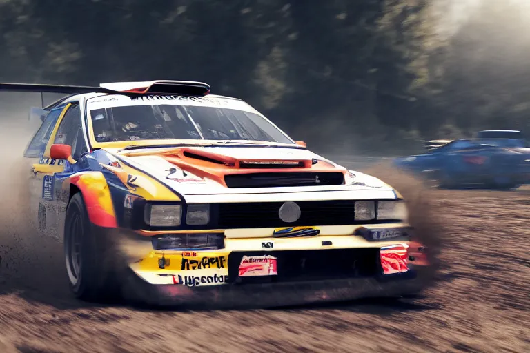 Prompt: group b rally car drifting, forza, photoreal, dynamic scene, dynamic lighting, 8 k, motion blur, dust, trending on artstation, higly detailed, ( higly detailed ), styleframe, crowned, artwork by wlop