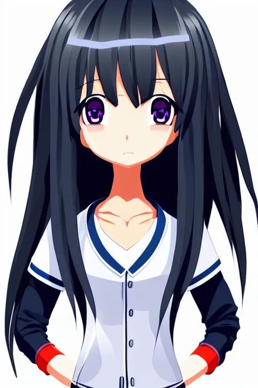Image similar to full body anime portrait of a cute android girl round eyes long hair dressed in a school uniform inside the school, peace sign, stunning, highly detailed, anatomically correct, vector art, hyper realistic