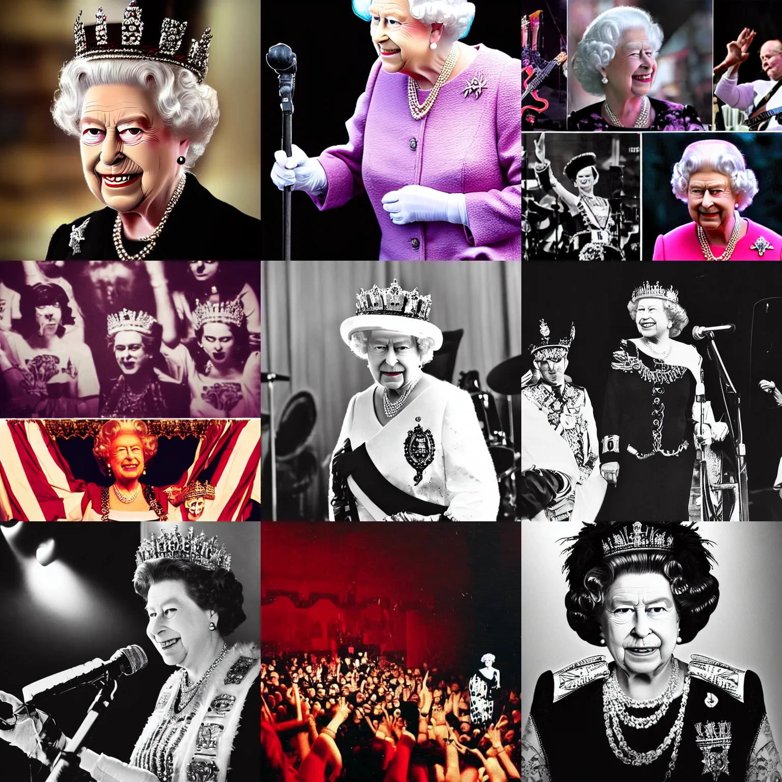 Prompt: Queen Elizabeth II, punk rock show, rock concert, realistic photo, dramatic light, hyper realistic
