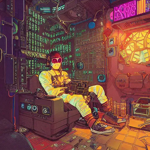 Image similar to Stunningly intricate illustration of a cyberpunk explorer playing video games in his treehouse, highly detailed, midnight, by Victo Ngai and James Gilleard , Moebius, Laurie Greasley