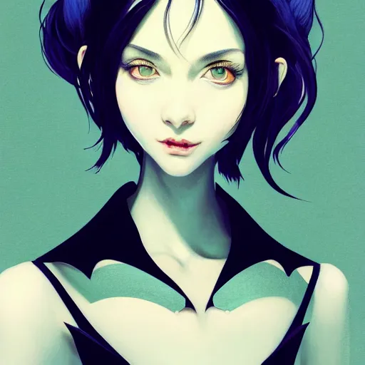 Image similar to 3 / 4 view of a portrait of pixie woman with bat wings, confident pose, pixie, genshin impact,, intricate, elegant, sharp focus, illustration, highly detailed, concept art, matte, trending on artstation, anime, strong brush stroke, sharp focus, illustration, morandi color scheme, art station, by ilya kuvshinov h 6 4 0