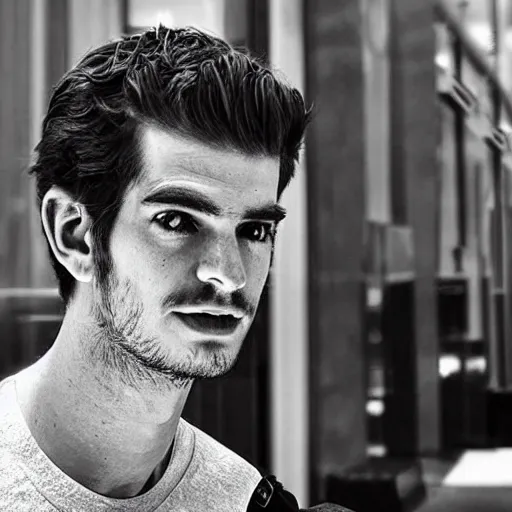 Image similar to “a realistic detailed photo of a guy who is an attractive humanoid who is half robot and half humanoid, who is a male android, Andrew Garfield, shiny skin, posing like a statue, blank stare”