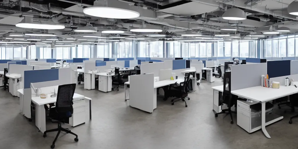 Image similar to wide lense view of open plan office, alienation in the modern age