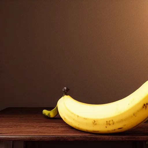Image similar to a humongous banana lying suspiciously on an antique mahagony table, volumetric lighting, sus, amogus, realistic, Ue5, RTX, raytracing