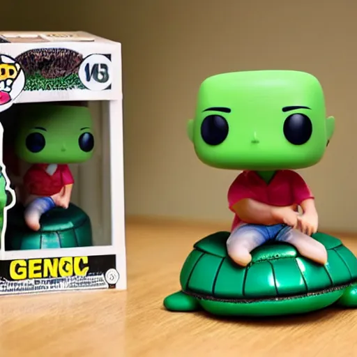 Prompt: funko pop wearing green shirt riding a giant turtle