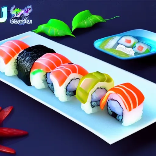 Image similar to seafood sushi, gummy sushi, 3d unreal engine, gelatin, jelly sushi