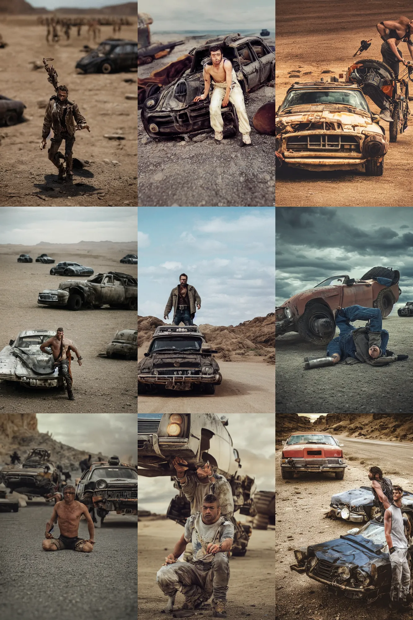 Prompt: Kodak portra 160, 8K, highly detailed, portrait, tilt shift, starfish pose: famous french actor in low budget mad max movie remake, car chase scene