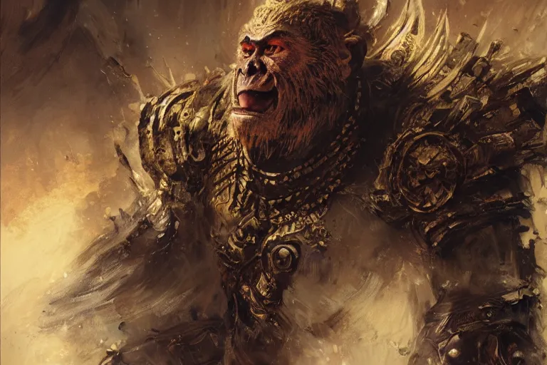 Prompt: portrait full body monkey king medieval chines armor fighting giant monster by gaston bussiere, greg rutkowski, yoji shinkawa, yoshitaka amano, moebius, donato giancola, tim hildebrandt, oil on canvas, trending on artstation, featured on pixiv, cinematic composition, extreme detail