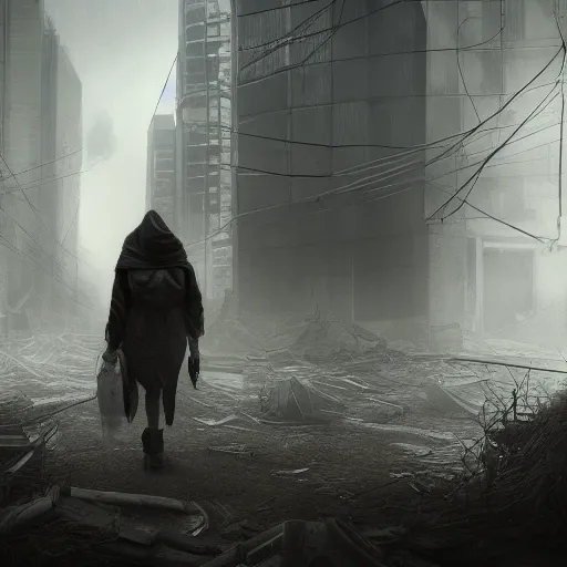 Image similar to Hooded woman walking through Rotterdam in a post-apocalyptic setting, overgrown, hyperdetailed, artstation, cgsociety, 8k