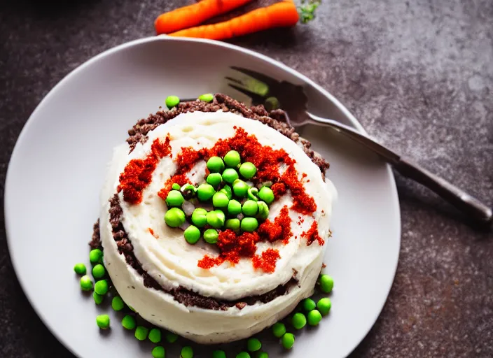 Prompt: dslr food photograph of a birthday cake iced with mashed potatoes and topped with ground beef carrots and peas, 8 5 mm f 1. 8