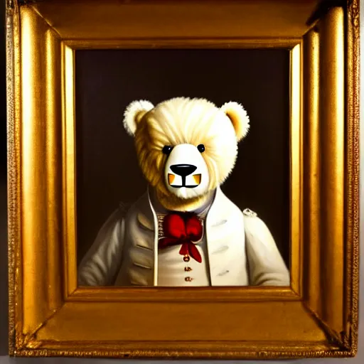 Image similar to head and shoulders portrait painting of a white teddy bear wearing a colonial outfit looking off camera, a character portrait, american romanticism, oil on canvas, diffused lighting