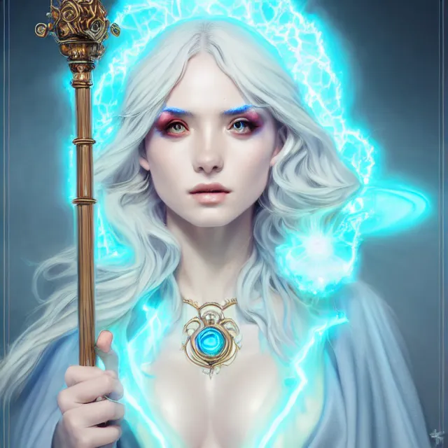 Prompt: beautiful elemental electric witch with ornate light blue robes and staff, highly detailed, 4 k, hdr, smooth, sharp focus, high resolution, award - winning photo, artgerm, photorealistic