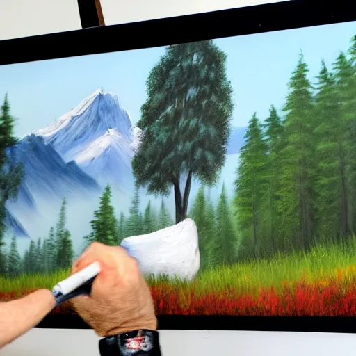 Image similar to a closeup photorealistic photograph of bob ross putting the finishing touches on a canvas painting that includes kenny powers. mountains and trees. film still. brightly lit scene. this 4 k hd image is trending on artstation, featured on behance, well - rendered, extra crisp, features intricate detail, epic composition and the style of unreal engine.
