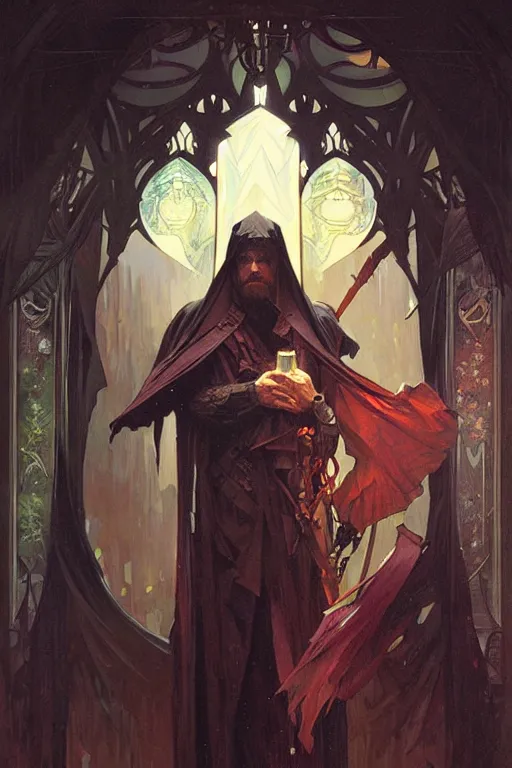 Image similar to Dark wizard, fantasy, painting by greg rutkowski and alphonse mucha