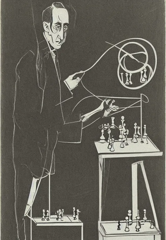 Image similar to a concept drawing of marcel duchamp holding up a chess - piece wire - machine, a surrealist painting by marcel duchamp, complex artificial - intelligence machinery, minimal sketch flow - chart, academic art, 1 9 2 0 s