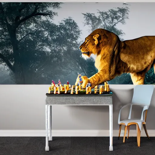 Image similar to award winning panoramic nature photography, a scenic picture of a birthday cake surrounded by lions. balloons are in the background. birthday party setting. extremely detailed lioness. hyperrealistic, 8 k