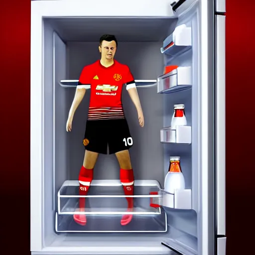 Image similar to a fridge as an man united player, realistic, highly detailed, dramatic, 4 k,