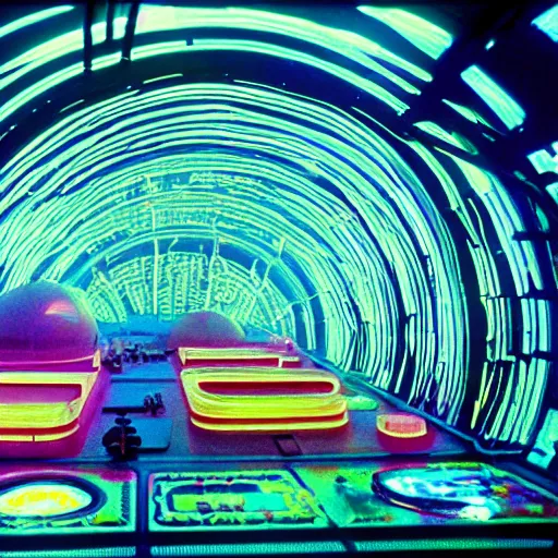 Prompt: 35mm film still blade runner set on Mars in an neon city, domes made of glas by Alex grey