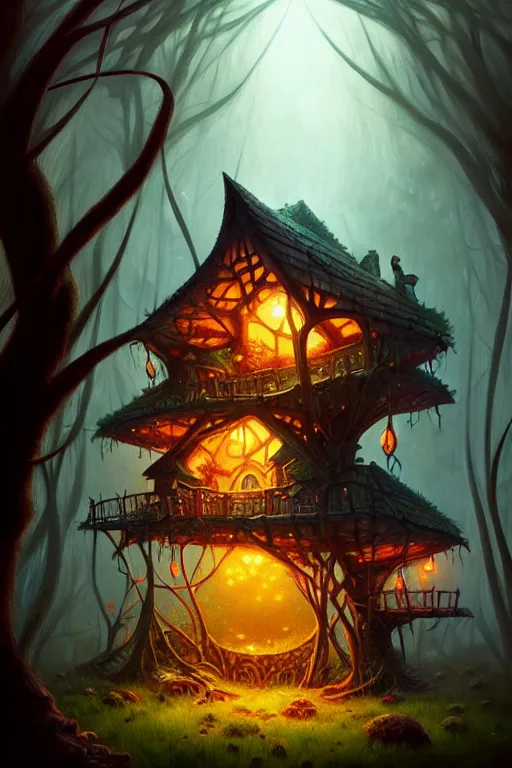 Prompt: a storybook illustration of a ramshackle multistory fairytale hut in the forest, intricate, elegant, fantasy, highly detailed, overcast lighting, digital painting, concept art, sharp focus, artstation, art by noah bradley