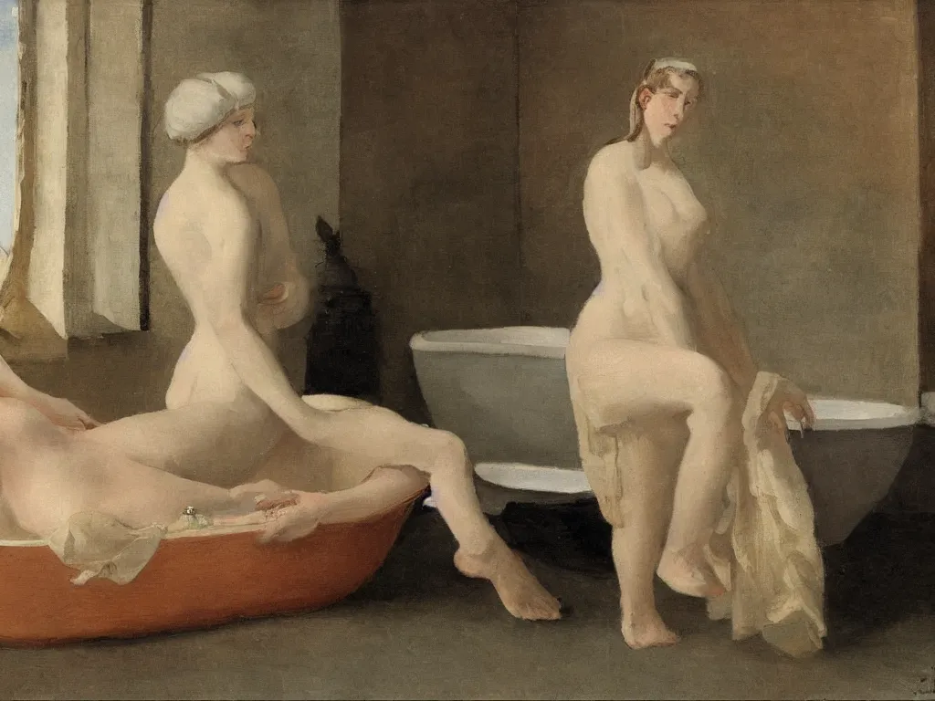 Image similar to woman in a bathtub. painting by fuchs ernst