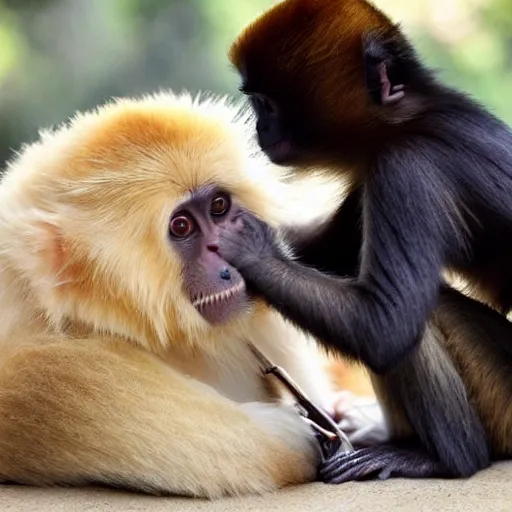 Image similar to capuchin monkey grooming golden retriever, picking lice meticulously