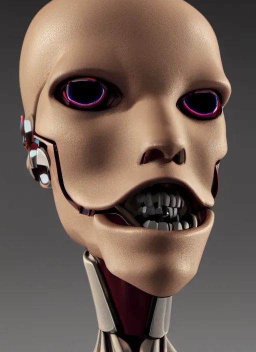 Image similar to angled facial full-head portrait of a cyberpunk bone ceramic caliente humanoid robot Spanish with an attractive face and handsome features, large glowing eyes, macho, piroca, dotado, guapo, reflective surface, trending on cgsociety, trending on artstation