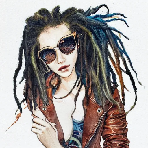 Image similar to james jean water color of a beautiful girl with dreadlock and a leather jacket