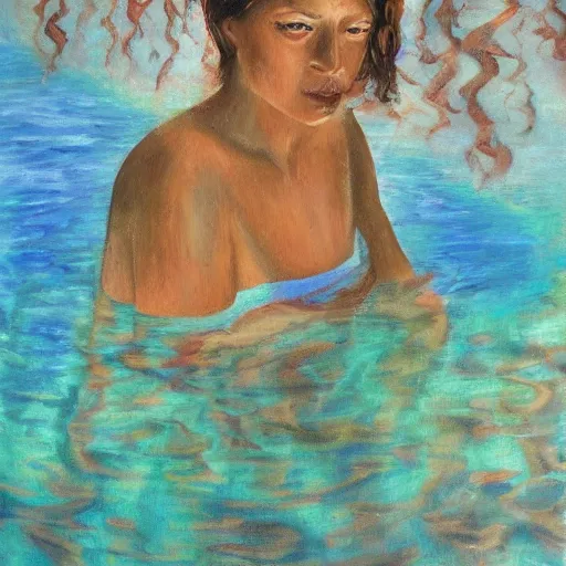 Prompt: grief women submerged lake water oil art