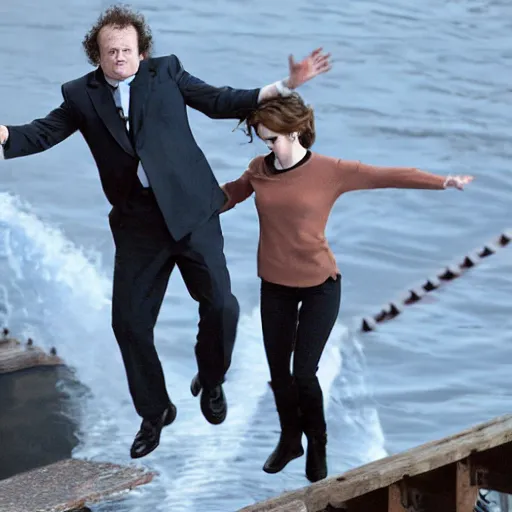 Image similar to a photograph of john c reilly throwing emma watson off of a bridge into a river